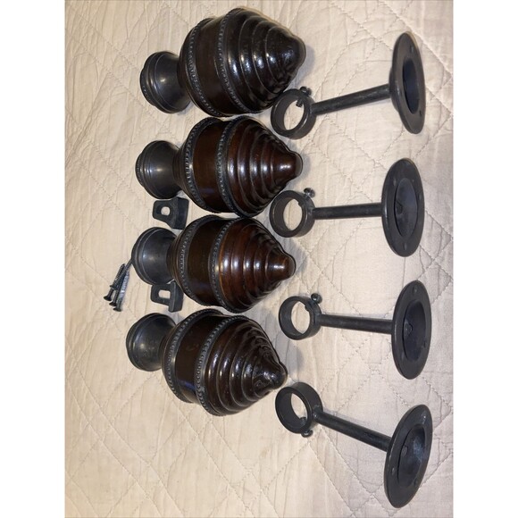 Vintage 4 Wood Turned Cherry Wood Beaded Bronze Finish Finials & Rod Holders